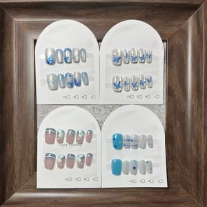 TEMU 40개 초고급스러운 블루 투명한 캣아이 오션화이트 레이싱 - 4pcs 세트, 여성용 데일리웨어, 패션 액세서리, 네일 아트, 숏 네일, 광택감 있는 마무리, 매끄러운 마무리, 내구성 있는 인조손톱, 프레셔널, 네일 애호가를 위한