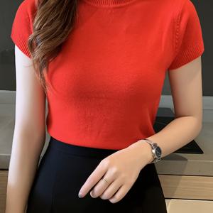 TEMU 여성의 우아한 하이넥 반팔 상의 - 신축성 있는 슬림핏 단색 블라우스 봄/여름용, 다용도 캐주얼 및 정장용, 반팔 블라우스, 봄 패션, 고탄성성 원단
