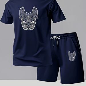 TEMU 남성용 2pcs 그래픽 프린트 티셔츠와 반바지 세트 - 흰색 불독 얼굴 디자인으로 블랙 컬러, 편안한 폴리에스터 블렌드, 캐주얼한 여름 의상, 캐주얼한 의상이나 체육관에 적합, 체육관 의류 | 재미있는 그래픽 티 | 신축성 있는 소재|남자반팔티|반팔티