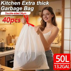 TEMU 40개 헤비듀티 엑스트라 두꺼운 50L(13갤런) 끈 조임 쓰레기봉투 - 찢어짐 방지, 누수 및 방수 기능, 사용하기 쉬운 사전 개방형, 주방, 욕실, 정원, 건설물 이물질 및 다목적 가정용 폐기물용 내구성 폴리에틸렌, 튼튼한 손잡이 디자인, 찢어짐 방지 소재, 강화 구조, 찢어짐 방지 라이너, 상업용|음식물쓰레기통