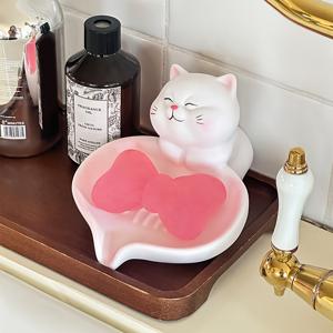 TEMU 1개 귀여운 고양이 비누 받침대 - 배수구가 있는 욕실 카운터탑 정리함, 미끄럼 방지 베이스, 파스텔 핑크 & 화이트 장식 - 욕실, 주방 또는 화장대용 내구성 레진 비누 홀더 - 고양이 애호가를 위한 완벽한 선물, 유쾌한 디자인, 매끄러운 마감|비누받침대