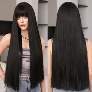 TEMU 1pc 7JHH WIGS 여성용 롱 블랙 합성 가발 앞머리 포함, 고밀도 150%, 내열성 섬유, 로즈 넷 캡, 데일리 & 파티 용 기본 스타일, 28.34 인치, 카니발/마디 그라/가면 무도회