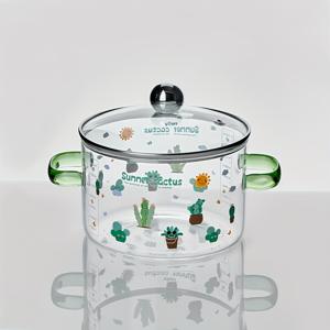 TEMU 54oz 보로실리케이트 유리 냄비 카투스 패턴 귀여운 투명한 녹색 손잡이가 있는 열 저항성 투명한 국 냄비, 주방용품