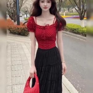 TEMU 여성용 스퀘어넥 레드 & 화이트 도트 캐주얼 반팔 셔츠 - 가벼운 여름 상의, 세탁기 사용 가능, 통기성 좋은 논스트레치 원단, 아웃도어 레저 의류, 고품질 블라우스, 따뜻한 날씨용 탑, 클래식 스타일, 내구성 있는 소재, 성인복|반팔블라우스