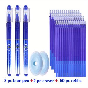 TEMU 65개 세트 지우개 가능한 젤 펜 0.5mm 블랙/블루/레드 잉크 리필 포함, 손잡이 세척 가능 중성펜 사무용 문구 | 개학 시즌 | 저렴한 학용품 | 입학 선물 (펜 3개 + 지우개 2개 + 잉크 리필 60개)