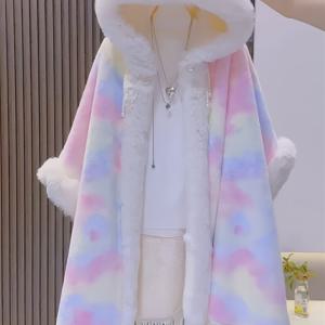 TEMU 여성을 위한 시크한 대형 미디 케이프 카디건 1개 - 폴리에스테르 인조 모피 칼라 샵과 테슬 디테일, 배트윙 반소매, 니트 직물, 그라데이션 옴브레 타이 다이 디자인, 방수 처리 안 된, 겨울 시즌 패션 코트