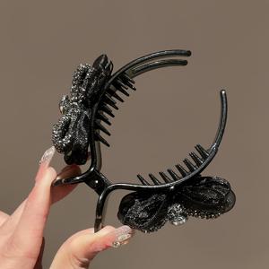 TEMU 우아한 라인스톤 보우 헤어 클로 클립 - 블랙 레이스와 글리터 디자인, 포니테일에 이상적, 일상 및 파티용, 여성용 시크한 선물, 파티 헤어 스타일링|시크한 포니테일 클립|아크릴 헤어 클립