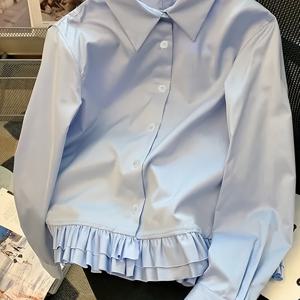 TEMU 가벼운 디자인, 여성용 우아한 연한 파란색 러플 엣지 칼라 셔츠 - 캐주얼 폴리에스터 혼방, 긴 소매, 플리츠 디테일의 버튼업, 세탁기 사용 가능