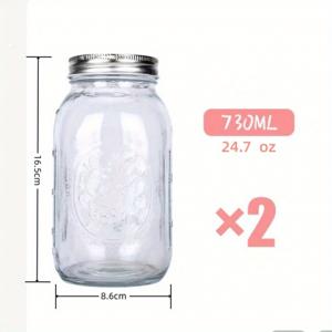 TEMU 730ML/1000ML 용량의 일반 뚜껑이 있는 두 개의 유리 메이슨 자, 투명하고 휴대가 간편하며, 통조림, 발효, 절임, 식사 준비, 오버나이트 오트밀, 잼, 과일 및 간식, 주방 보관 상자 및 주방 액세서리에 적합한 재사용 가능한 둥근 유리 병입니다.