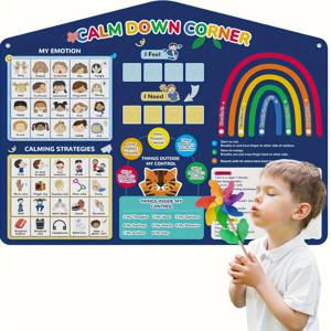 TEMU 아동용 감정 차트 - 사회적 감정 학습 활동, 진정한 코너 교실 장식, 유아 교사용 정신 건강 벽 장식, 텍스틸 소재, 파란색, 감정 식별| 삽화|내구성 있는 직물, 감정 지능