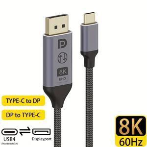 TEMU 8K Type-C to DP 1.4 양방향 변환 케이블, USB-A 및 USB-C 커넥터가 있는 양방향 고속 데이터 전송 어댑터, HDTV, 블루레이 및 기타 장치와 호환되는 8K UHD 비디오 출력, 미디어 재생 | 양방향 커넥터 | 내구성이 뛰어난 브레이드 케이블