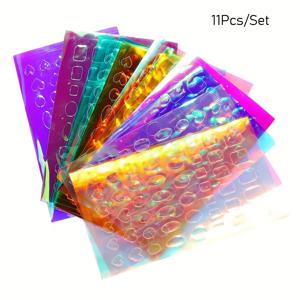 TEMU 11pcs/세트 오로라 유리 포일 전송 네일 아트 스티커 키트, 자체 접착 컬러풀 네일 데칼 아이스 큐브 반사 레이저 네일 종이, 네일 미용 장식, 여성용 매니큐어 아트 용품|네일아트|매니큐어|네일스티커