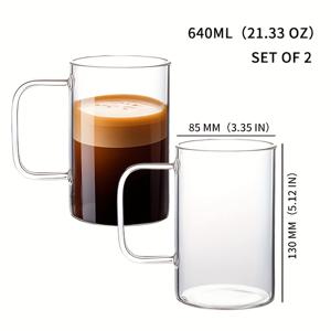 TEMU 2개/4개. 640ml. 대용량 유리 커피 및 차 컵, 손잡이가 있는 투명 유리 커피 컵, 열 방지 드링킹 머그, 대용량 유리 컵. 주방, 레스토랑, 사무실, 캠핑에 이상적. 커피, 카푸치노, 뜨거운/얼음 음료에 적합. 21.33온스