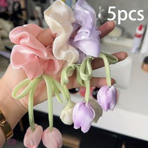 TEMU 5개입 여신 같은 튤립 머리띠 한국 스타일 부드러운 헤어타이 다양한 색상 (블루/퍼플/핑크/그린) 고탄성, 모발 손상 없음 인기 봄&여름 헤어 액세서리