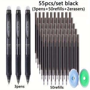 TEMU 55개/세트 창의적인 6색 리트랙터블 지우개 펜 세트, 0.5mm 불렛 헤드 세척 가능한 핸들 마법펜 리필, 사무용 그림 필기구 (펜 3개+리필 50개+지우개 2개)