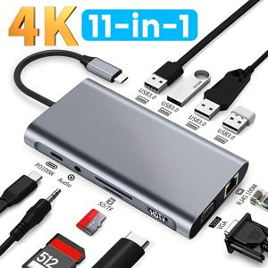 TEMU 11-in-1 USB C 도킹 , 4K 듀얼 모니터 지원 컴팩트 멀티포트 허브, HDTV 2개 + USB-C 4K @60Hz + USB-A/C 포트 7개 + PD 고속 충전 + 오디오 포트 + 기가비트 이더넷 포함, 노트북/태블릿/스마트폰 호환, 실버
