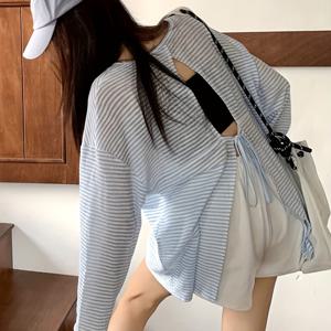 TEMU 여성용 캐주얼 긴팔 탑, 뒷면 묶음 디테일 - 연한 파랑 & 흰색 수직 줄무늬, 루즈핏, 반팔, 여름 시크, 사계절 착용 가능, 편안한 외출복 | 타이백 탑 | 광택 있는 질감