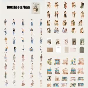 TEMU 100개/박스, 스트리트 씬 캐릭터 풍경 핸드 계정 세트, 러브 가이드 시리즈 멀티 서브스톤 혼합 세트, 색상, 일기 및 스크랩북용 스티커, 플래너 및 DIY 프로젝트 공예 재료