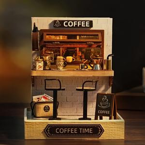 TEMU DIY 인형의 집 미니어처 키트, 수제 3D 소품 가구 포함 창의적인 방 DIY 인형집, 홈 데코 목재 하우스 - 커피 타임