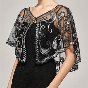 TEMU 1920년대 시퀀 비즈 플래퍼 샤울 우아한 랩스 메시 통기성 짧은 망토 빈티지 이브닝 케이프 브라이덜 샤울 여성 파티 프롬 웨딩