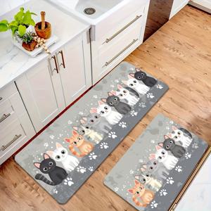 TEMU 2/3pcs 귀여운 만화 고양이 및 발 프린트 주방 러그 세트, 미끄럼 방지 폴리에스터 섬유 매트, 기계 세척 가능, 주방, 거실, 침실 및 출입구용|발매트