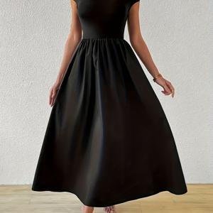 TEMU LYYVE 여성용 이지적 A라인 맥시드레스, 박쥐소매 & 포켓 - Slim-Fit Stand Collar 롱드레스 (솔리드블랙), 세탁기 사용 가능한 정장형/반정장식 봄·여름·가을용, Casual to Semi-Formal Events(안감없음, 포켓 있음)