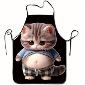 TEMU 1개 귀여운 고양이 프린트 민소매 앞치마 - 내구성 좋은 폴리에스터 주방용 앞치마, 사랑스러운 만화 고양이 디자인 & 체크무늬 파자마 & 연한 블루 셔츠, 남녀공용 홈 베이킹 요리 액세서리, 세탁 가능한 원단