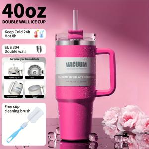 TEMU 손잡이가 있는 40oz 이중벽 진공 단열 스테인리스 텀블러, 누수 방지 뚜껑 & 빨대 포함 - 24시간 온도 유지, 캠핑 및 여행용 휴대 가능, 헬스용 - 도트 디자인, 청소 브러시 포함|텀블러