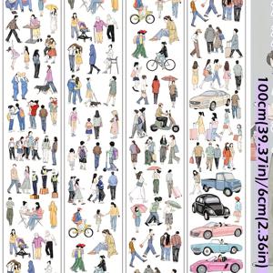 TEMU 100cm (39.37인치) 긴 장면 해변 및 일상 생활 스티커 테이프 - 생동감 있는 사람, 동물, 활동 일러스트레이션 - PET 소재 - DIY 물병, 스크랩북, 사진 프레임에 완벽함, 스크랩북 스티커|생동감 있는 일러스트레이션|PET 스티커 테이프