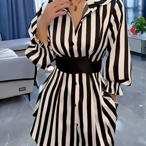TEMU 우아한 블랙 앤 화이트 A라인 드레스, 허리 끈과 긴 소매 - 폴리에스테르, 세탁기 사용 가능, 여성용 시크한 버튼업 칼라 스타일