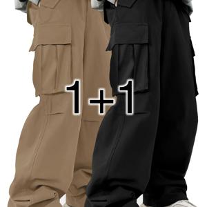 TEMU 2개 남성용 캐주얼 카고 팬츠 플랩 포켓 - 단색, 루즈핏, 폴리에스터, 세탁기 사용 가능|냉장고바지|남자바지