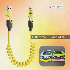 TEMU 1팩 교체 가능한 듀얼헤드 65W 실리콘 스프링 충전 케이블, 4.92피트 USB to Type-C/라이트닝 고속 충전기 - 삼성/원플러스/Mi13/화웨이/Xiaomi/iPhone15/14 시리즈 제품용 범용 고속 데이터 코드 - 이상적인 차량용 충전기