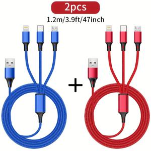 TEMU 2개입 3-in-1 고속 충전 나일론 브레이디드 USB 케이블 아이폰 14 프로 맥스 Xs 맥스 레드미 원플러스 샤오미 S20A13 S10 노트 20 9 모토 타입-C 휴대폰용 충전기 케이블|C타입충전기
