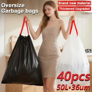 TEMU 40개 헤비듀티 엑스트라 두꺼운 50L(13갤런) 끈 조임 쓰레기봉투 - 찢어짐 방지, 누수 및 방수 기능, 사용하기 쉬운 사전 개방형, 주방, 욕실, 정원, 건설물 이물질 및 다목적 가정용 폐기물용 내구성 폴리에틸렌, 튼튼한 손잡이 디자인, 찢어짐 방지 소재, 강화 구조, 찢어짐 방지 라이너, 상업용|음식물쓰레기통