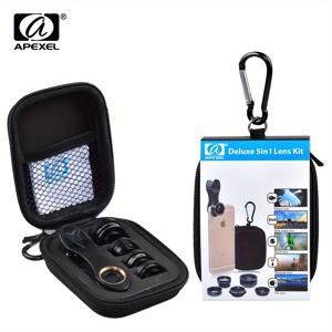 TEMU APEXEL Universal 5 In 1 카메라 렌즈 키트 피쉬 아이 렌즈 + 2 In 1 매크로 렌즈 및 광각 렌즈 IPhone/Samsung/Huawei/Xiaomi 대부분의 스마트 폰용 CPL 필터 렌즈가있는 2X 망원 렌즈