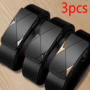 TEMU 3pcs 남성 캐주얼 블랙 자동 버클 벨트 - 우아한 스타일, 청바지 및 비즈니스 의상에 이상적인 선물, 인조 가죽 재질, 비즈니스 캐주얼 벨트|현대 남성 벨트|자동 버클 벨트, 다용도 벨트