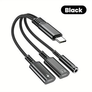 TEMU 3in1 타입C to 듀얼 타입C/3.5mm 잭 오디오 어댑터 케이블, 아이폰 15/16 삼성 제품용 고속 충전 USB C 헤드폰 어댑터, USB C to 오디오 어댑터