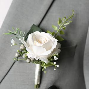 TEMU 남성용 우아한 화이트 로즈 코사지 1개 - 인공 꽃과 그린리, 결혼식, 갈라, 생일 및 가족 모임에 완벽함, 로맨틱 스타일, 손세탁 전용, 웨딩 액세서리 | 로맨틱 스타일 코사지 | 폴리에스터 섬유 코사지, 웨딩 장식, 남성/신랑을 위한 부톤니어, 웨딩 헤드피스, 우아한 왕관, 신부 액세서리, 퀸 크라운, 우아한 헤어피스, 남성용 브라이덜 헤드밴드
