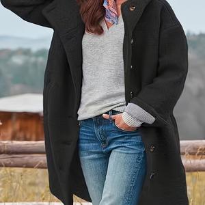 TEMU 여성용 플러스 사이즈 캐주얼 플리스 재킷, 폴리에스테르 95%, 스판덱스 5% 블렌드, 단색, 라펠 칼라, 약간의 스트레치, 직조 직물, 포켓이 있는 가을/겨울용 긴팔 코트