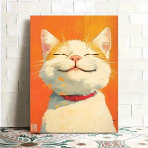 TEMU 1개 웃는 고양이 캔버스 그림 - 오렌지 배경에 행복한 흰색 & 진저 탭비 키티 - 두꺼운 나무 프레임 벽걸이 포스터, 거실/침실/사무실용 모던 팜하우스 홈 데코, 애완동물 애호가를 위한 집들이 선물, 실내 장식, 훅 걸이 시스템, 내구성 있는 아트워크, 인테리어 디자인
