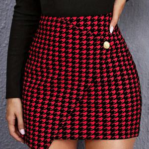 TEMU 봄과 여름을 위한 우아한 단추 장식 미니 스커트, 체크무늬 고허리 스커트, 여성 의류