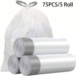 TEMU 75pcs/5 롤 厚い 대형 휴대용 쓰레기 봉투, 끈으로 매는 흰색 핸드백, 부엌 확대 두꺼운 쓰레기 봉투, 가정, 사무실, 침실, 욕실 4 갤론 쓰레기 봉투에 적합, 휴대하기 쉽습니다. 부엌 및 욕실 쓰레기 봉투에 적합합니다. 식당 청소에 완벽한 선택입니다.|가방|쓰레기통