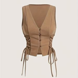 TEMU 사이드 레이스업 및 프론트 버튼 디테일이 있는 우아한 베이지 V넥 민소매 탱크탑, 주름질 텍스처, 세탁기 사용 가능 - 봄/여름/가을 여성 패션, 여름 조끼 | 우아한 민소매 상의 | 다용도 패션