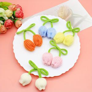 TEMU 5pcs 컬러풀 니트 튤립 꽃 주문품 - DIY 헤어 액세서리, 클립, 가방 및 의류 장식용 이중 헤드드 양모 꽃, 녹색 잎 매듭 및 귀걸이, 꽃 장식
