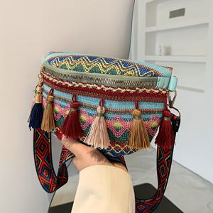 TEMU 1개 여성용 에스닉 태슬 웨이브 벨트 백 - 기하학적 크로스바디 허리백, 카키 지퍼 클로저 & 폴리에스터 안감, 여행/쇼핑/일상 사용, 캐주얼 아웃팅, 태슬 디테일, 내구성 있는 소재, 패션 러버즈를 위한 허리 가방