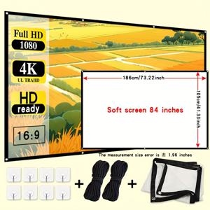 TEMU 2025 접이식 휴대용 프로젝터 스크린 60-150인치 16:9 4K 울트라 HD & 3D 지원 - 드릴 필요 없는 설치, 캐리 케이스 및 트리 로프 포함, 재사용 가능한 스판덱스 소재, 야외 캠핑/홈시어터/강의실/회의실용 쉬운 설치 스크린