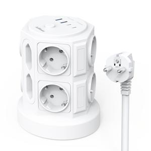 TEMU 멀티플 소켓(3680W/16A) 스위치 포함, 12구 멀티탭 + USB 4포트 (USB-C 2개), 서지 보호 기능, 홈&오피스용 타워형 멀티 플러그|멀티탭