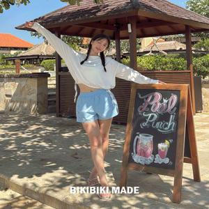 [MADE/세미크롭] 돌핀 래쉬가드 긴팔 심플 기본 무지 라운드넥라인 시보리 스트링 자외선차단 루즈핏 수영복 체형커버 여성 비치웨어 워터밤 흠뻑쇼