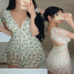 ★썸머기획★허브리본원피스수영복(2c) 플라워레이스수영복 모노키니 비키니 래쉬가드 반팔수영복 시스루 브이넥 비치웨어