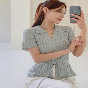 [몸매보정♥/썸머니트] [44-120] 아로블린 스트링 펜던트 오픈카라 꽈배기 반팔 니트 (신상-여름-썸머-데일리-카라니트-여름니트-출근룩-슬림핏-여행룩-휴양지룩-빅사이즈)